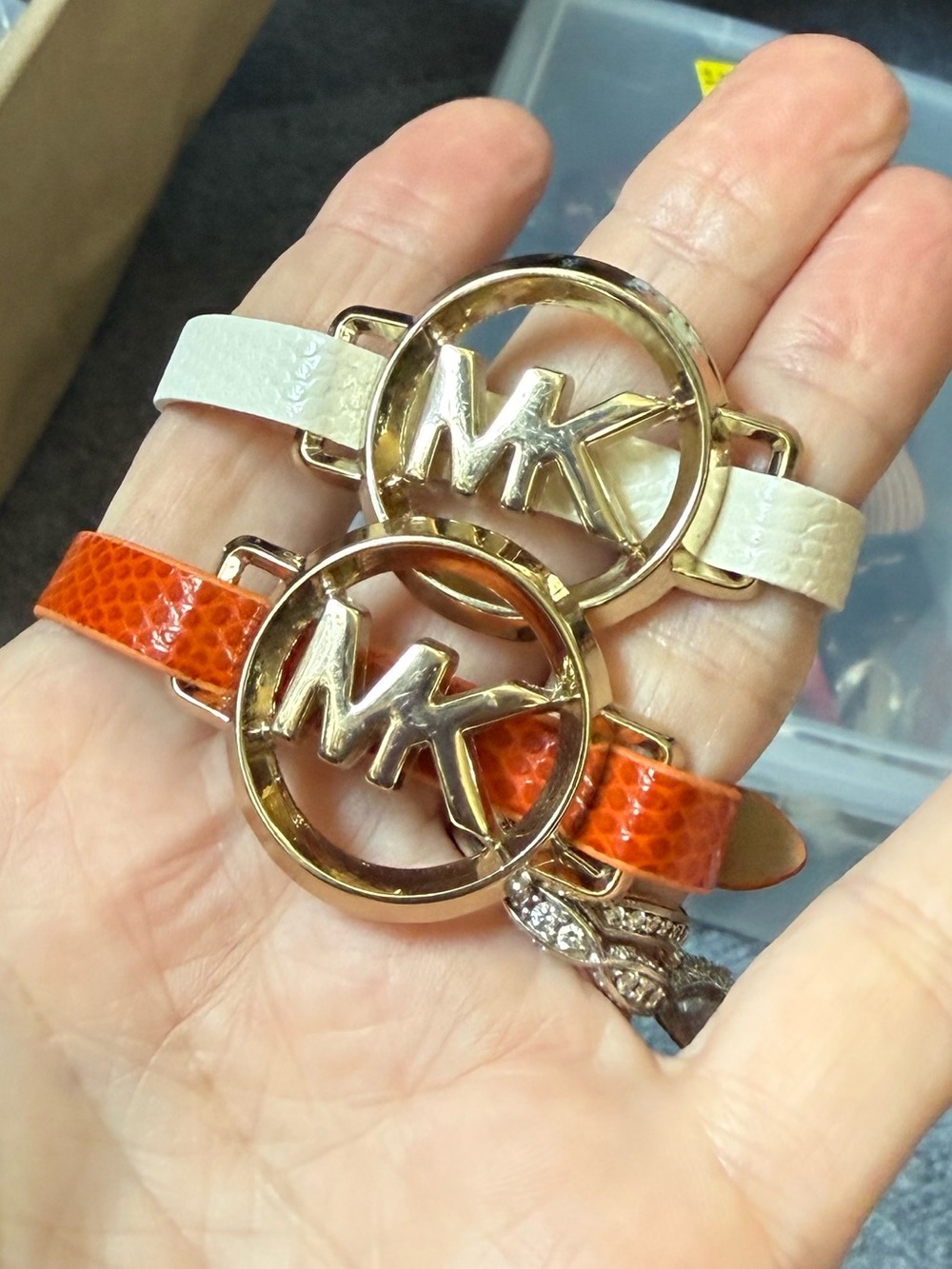 Michael Kors upcycled logo bonded Leather Bracelet with Gold MK Emblem set